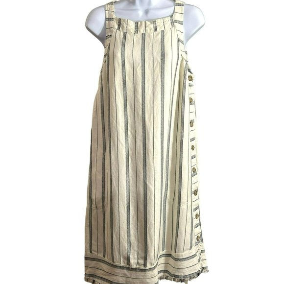 Akemi and Kin Anthropologie Women's Cream Navy Side Button Dress 6 Frayed Hem - Picture 1 of 5